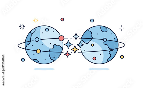 Cosmic overlap worlds showing two slightly intersecting spheres with shared stars in the middle conveying the idea of realities touching at a single point. The