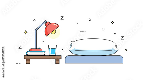 Sleep hygiene concept bedside table with book, glass of water and softly glowing night lamp beside a neatly arranged pillow, symbolizing healthy routines that