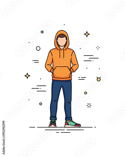 Athleisure mens fashion concept with a figure in fitted hoodie and sneakers expressing comfort and contemporary style. Subtle motion accents add energy while