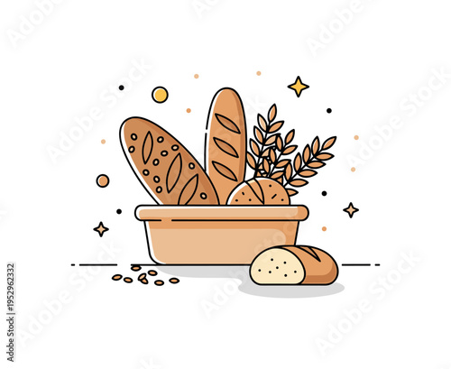 Artisan bakery display neat basket with multi grain loaf and decorative seeds scattered lightly around, highlighting quality ingredients and handcrafted