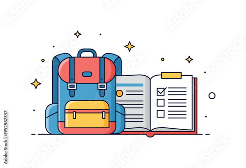 Backpacker preparing with a travel guide illustrating a compact backpack placed beside an open guidebook with highlighted lines and a subtle checklist icon.