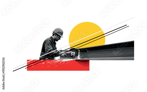 Black and white industrial scene of a worker cutting through metal with a grinder, oversized yellow circle intersecting the upper edge like industrial sun,
