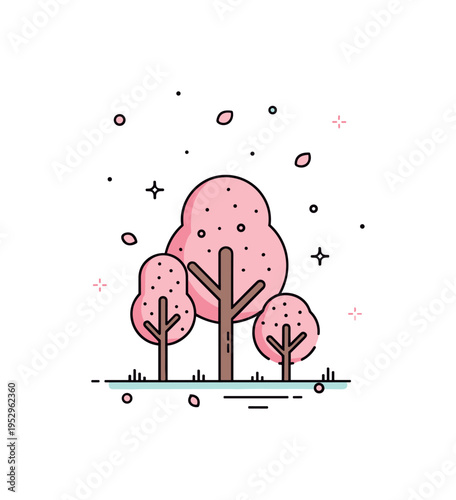 Spring blossom grove theme centered on a few flowering trees with subtle petal accents drifting downward, symbolizing renewal and seasonal beauty. The compact