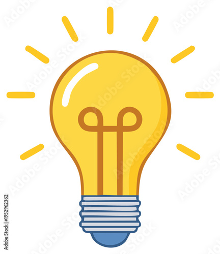 Bright yellow cartoon lightbulb with rays emanating from its top, idea concept.