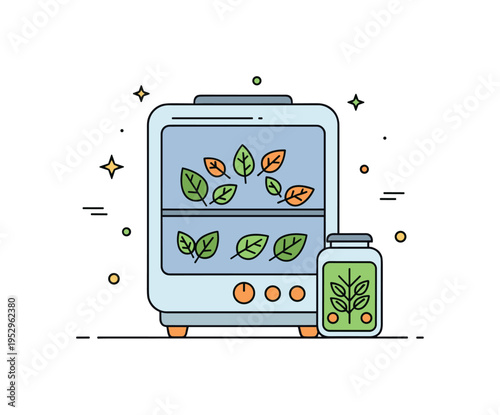 Dehydrating herbs process illustrated by a compact appliance silhouette with small leaf icons inside, conveying modern convenience and efficient preservation.