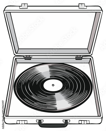 Classic vinyl record in an open vintage briefcase ready for transport