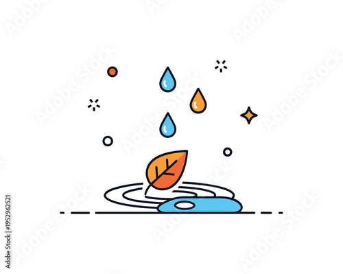 Autumn rain scene illustrated with falling drops over a small leaf icon and puddle, symbolizing seasonal transition and gentle atmosphere. Subtle ripple and
