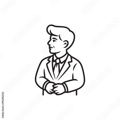 A black and white line art illustration of a professional man wearing a suit and a necktie Vector