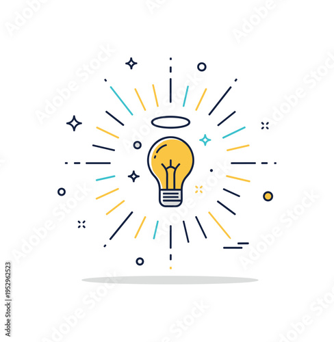 Light burst halo soft circular gradient glow with thin radiating lines and subtle sparkle accents, symbolizing inspiration and breakthrough ideas. Minimalist