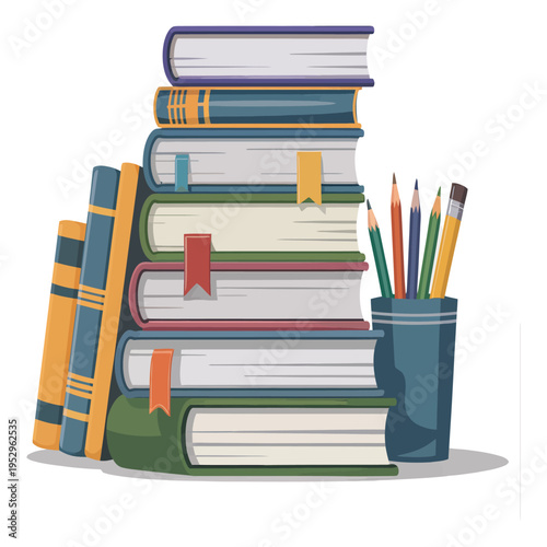 Stack of colorful hardcover books and school supplies with bookmarks pencils in holder on white background for library concept education literature vector illustration graphic design