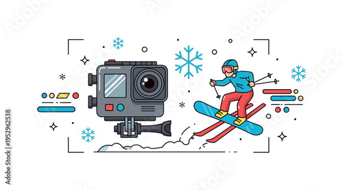 Action cameras skiing and snowboarding capture scene with a rugged device framed by minimal snowflake icons and angled motion accents. The illustration