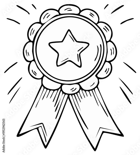 Badge award with star and ribbon, hand drawn illustration