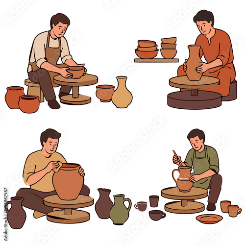 Traditional Pottery Maker Character Set, Potter Working on Wheel Vector Illustration, Handmade Ceramic Artisan Collection