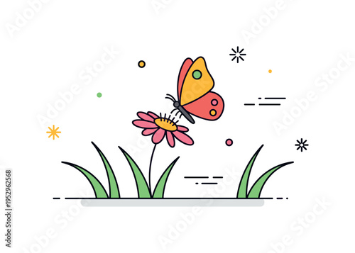 Summer meadow detail vivid butterfly landing on a simple wildflower with curved grass accents, capturing warmth, sunshine and gentle outdoor