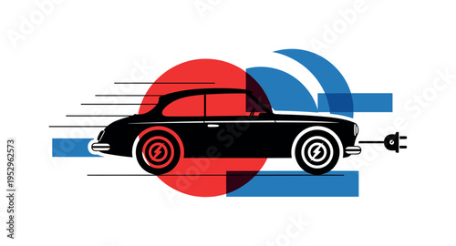 A black-and-white retro electric car in side profile, the wheels transforming into simplified circular energy symbols, bold red circle partially cropped behind