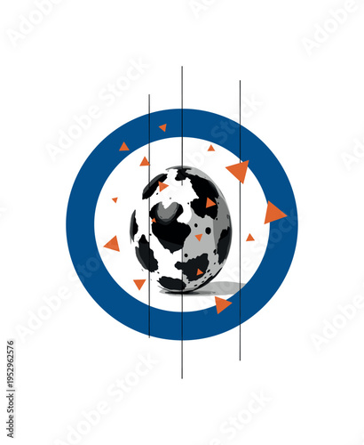 Black and white ostrich egg centered as main object, large deep blue circular frame behind it, small burnt orange geometric accents floating asymmetrically,