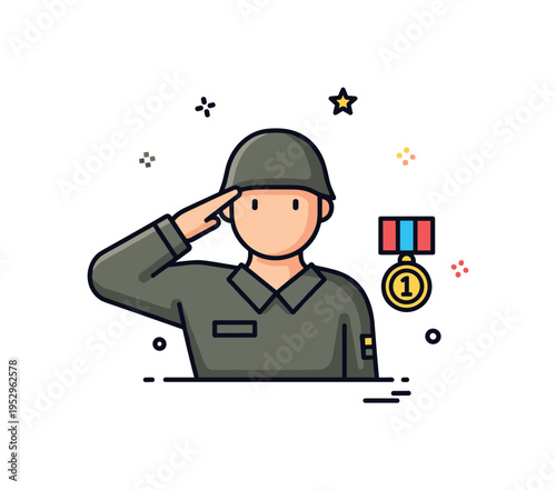 Military salute gesture simplified soldier silhouette performing a crisp salute beside a small medal icon, symbolizing loyalty, service and