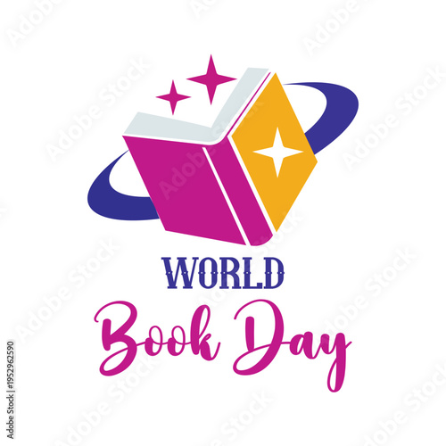 Colorful World Book Day typography design featuring an open book with stars and orbit ring symbol. Creative reading concept illustration for education, literature celebration, library.