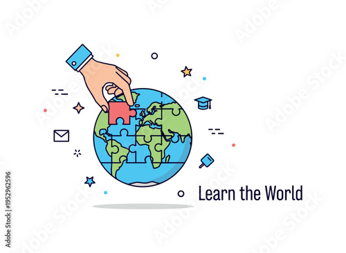 World map puzzle education and geography concept illustrated by a small hand placing a final continent piece onto a simplified globe layout, symbolizing