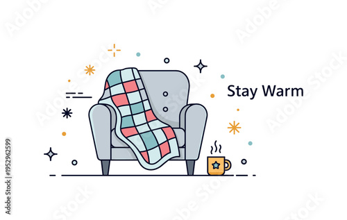 Faded quilt winter evening scene featuring a simple armchair silhouette wrapped in a soft patchwork throw with a small steaming mug beside, symbolizing
