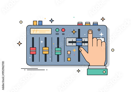 Retro sound engineer setup hand adjusting a large slider on an analog mixing board with tiny star accents, conveying tactile control and studio craftsmanship.