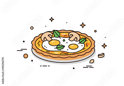 Rustic vegetable egg frittata centered on a compact round pie with visible mushroom and herb shapes on top, symbolizing wholesome and seasonal cooking. The