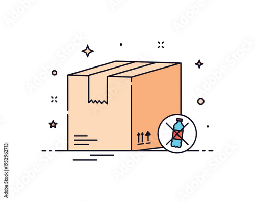 Plastic free shipping solution mailing box sealed with paper tape and tiny crossed out plastic bottle icon, symbolizing zero waste logistics and clean supply