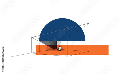 Black and white small figure seated on the floor in a sharp room corner, oversized deep blue semicircle dominating the upper space to emphasize isolation,