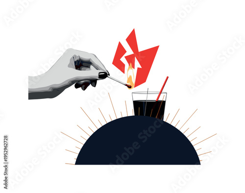 Black and white retro female hand lighting a match near a cocktail with flame stylized as bold red geometric shape, dark navy semicircle framing the scene,