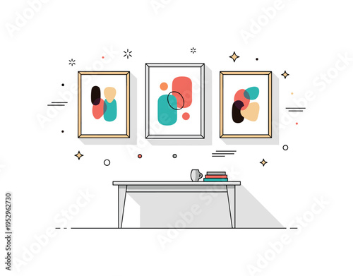 Modern art gallery wall concept showing two or three framed abstract prints arranged symmetrically above a minimal console table, conveying curated style and