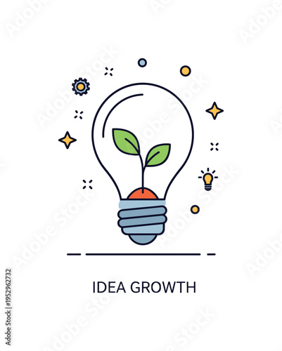 Seed sprouting innovation and future vision theme illustrated by a tiny plant growing inside a lightbulb silhouette, representing creative ideas taking root