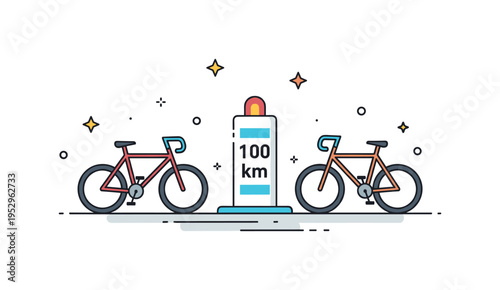 Cycling distance competition two bicycles angled toward a central milestone marker reading km, representing endurance goals and mutual encouragement.
