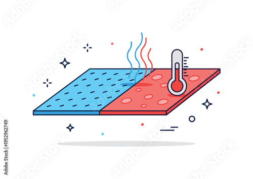 Surface temperature concept illustrated by a flat plane divided into cool blue and warm red halves with a subtle thermometer icon, conveying thermal contrast