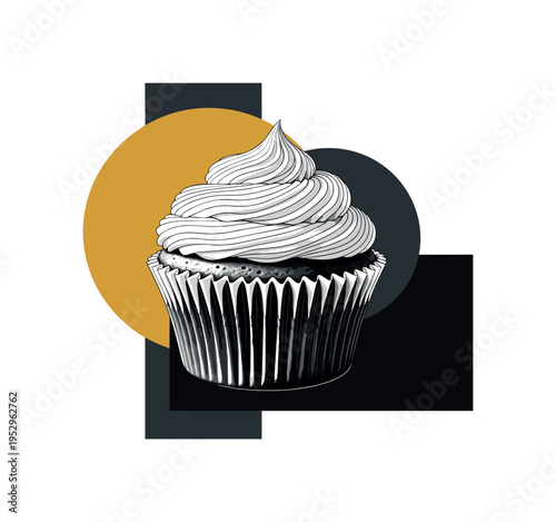 monochrome cupcake in paper liner viewed from slight angle, oversized and centered, overlapping mustard yellow semicircle and deep black rectangular forms,