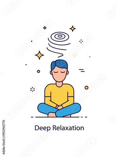 Hypnotherapy relaxation session concept illustrated by a calm seated figure with closed eyes and gentle spiral lines above the head, expressing guided trance