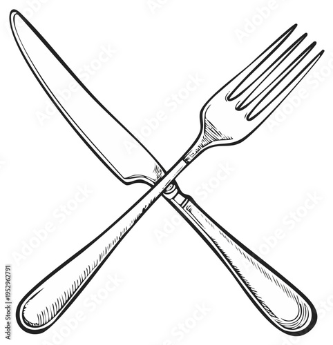 Elegant Crosshatched Knife and Fork Illustration for Dining Theme Design