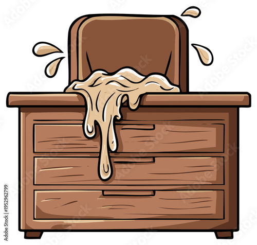 Cartoon illustration of a gooey substance melting and dripping from a chair onto a wooden desk with drawers