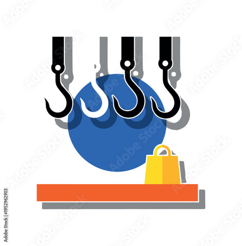 Black and white hooks casting dramatic shadows on wall, vivid cobalt blue circle centered behind shadow play, bright orange rectangular block grounding lower