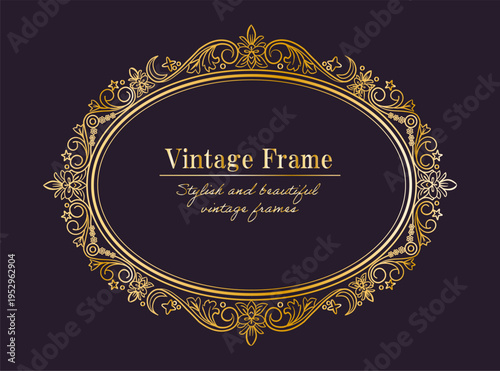 高級感のあるゴールドで描かれた植物と天体モチーフのアンティーク楕円形飾りフレーム