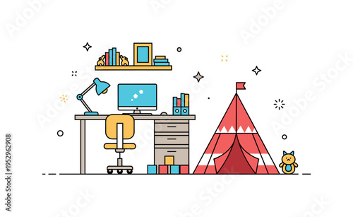 Home office with kids play area showing a compact desk setup beside a small play tent and scattered blocks expressing coexistence of productivity and childhood