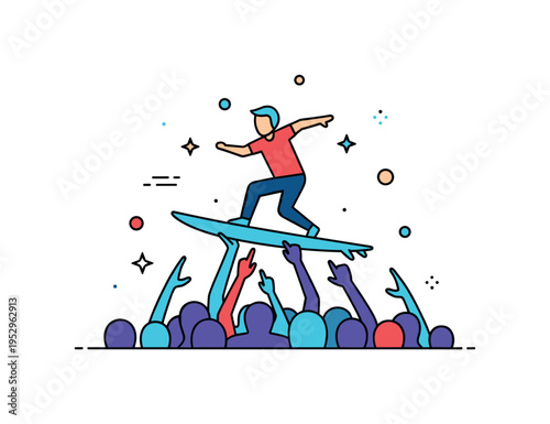 Crowd surfing scene silhouette of a performer lifted by raised hands with small star accents around, conveying peak excitement and shared adrenaline.