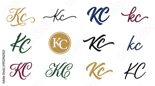 Twelve different handwritten style KC logo variations in various colors and fonts, arranged in a grid on a white background.