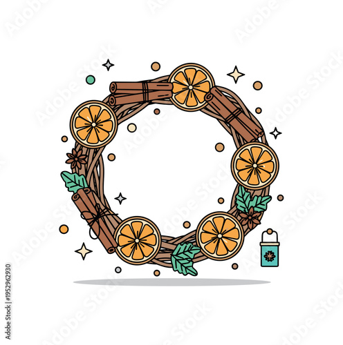Rustic winter wreath with dried orange slices and cinnamon sticks conveying warmth, tradition, and homemade celebration. Small sparkles and dots suggest