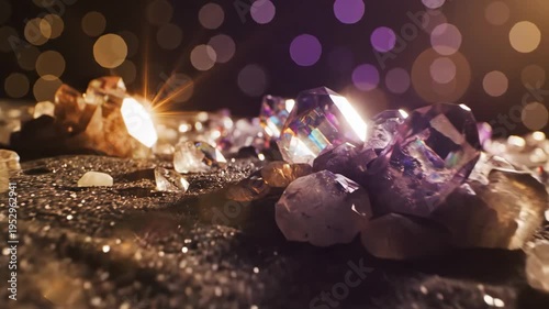 Glowing crystals and gemstones sparkling on dark surface for luxury and jewelry content