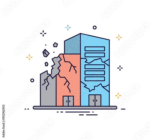 Structural failure risk symbol featuring a simplified building with visible cracks running through its walls and small debris fragments falling away. The