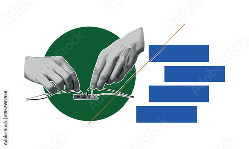 Black and white hands wiring a simple circuit board, oversized deep green circle anchoring composition, cobalt blue rectangular blocks stacked like instruction
