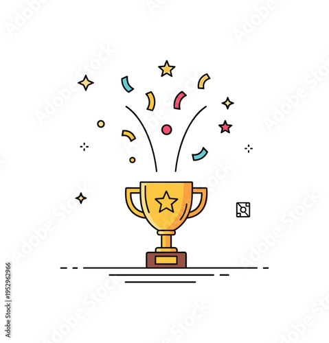 Joyful achievement scene with a small trophy and rising confetti symbolizing success and pride. Subtle star accents enhance the triumphant yet clean