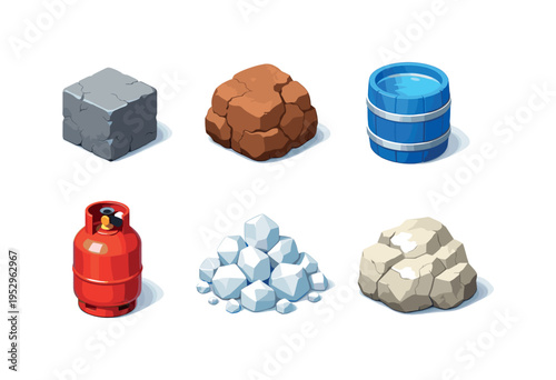 Natural Resources. Isometric flat vector icons set of natural resources: stone block, clay lump, fresh water barrel, natural gas cylinder, salt crystals pile,