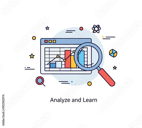 Scientific discovery data analysis concept with a compact chart panel and magnifying glass icon, representing interpretation of results and evidence based