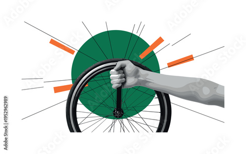 Black and white hand gripping a banana tightly with slight bend, large deep blue circular frame behind intersected by orange diagonal accent,